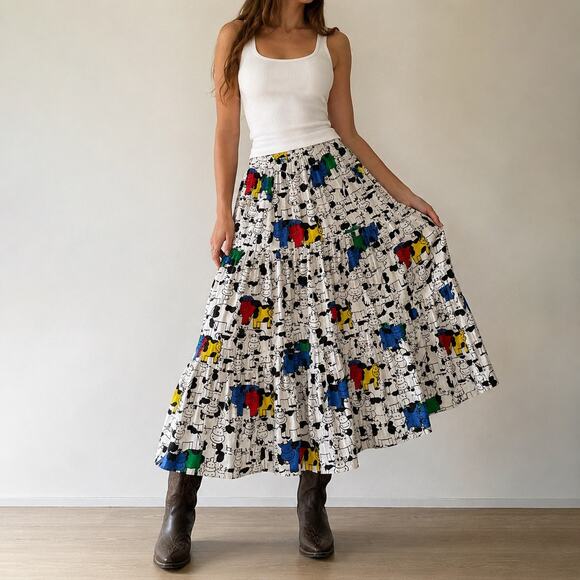 Handmade Dresses & Skirts - Handmade Cow Print Tiered Midi Skirt Novelty 90s Prairie Sz S/M